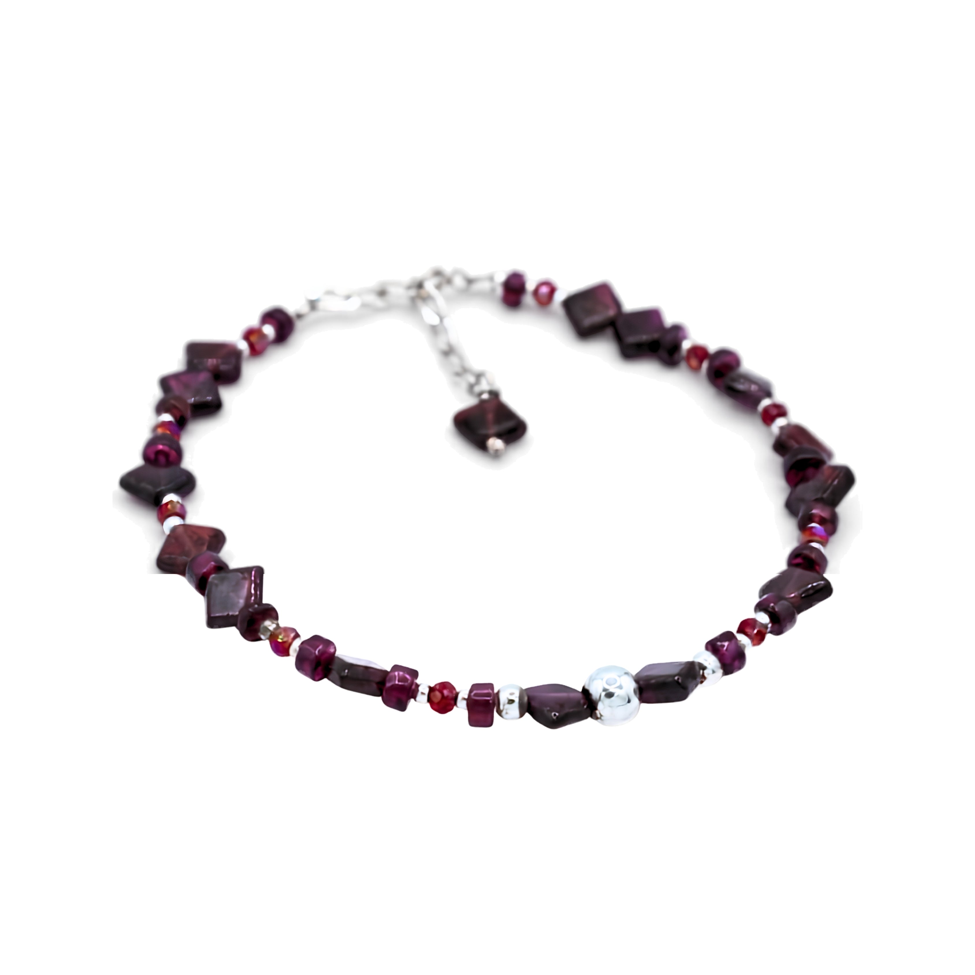 Pulsera Tokio Plata Primera Ley 0.925 con Granate y Cristal.