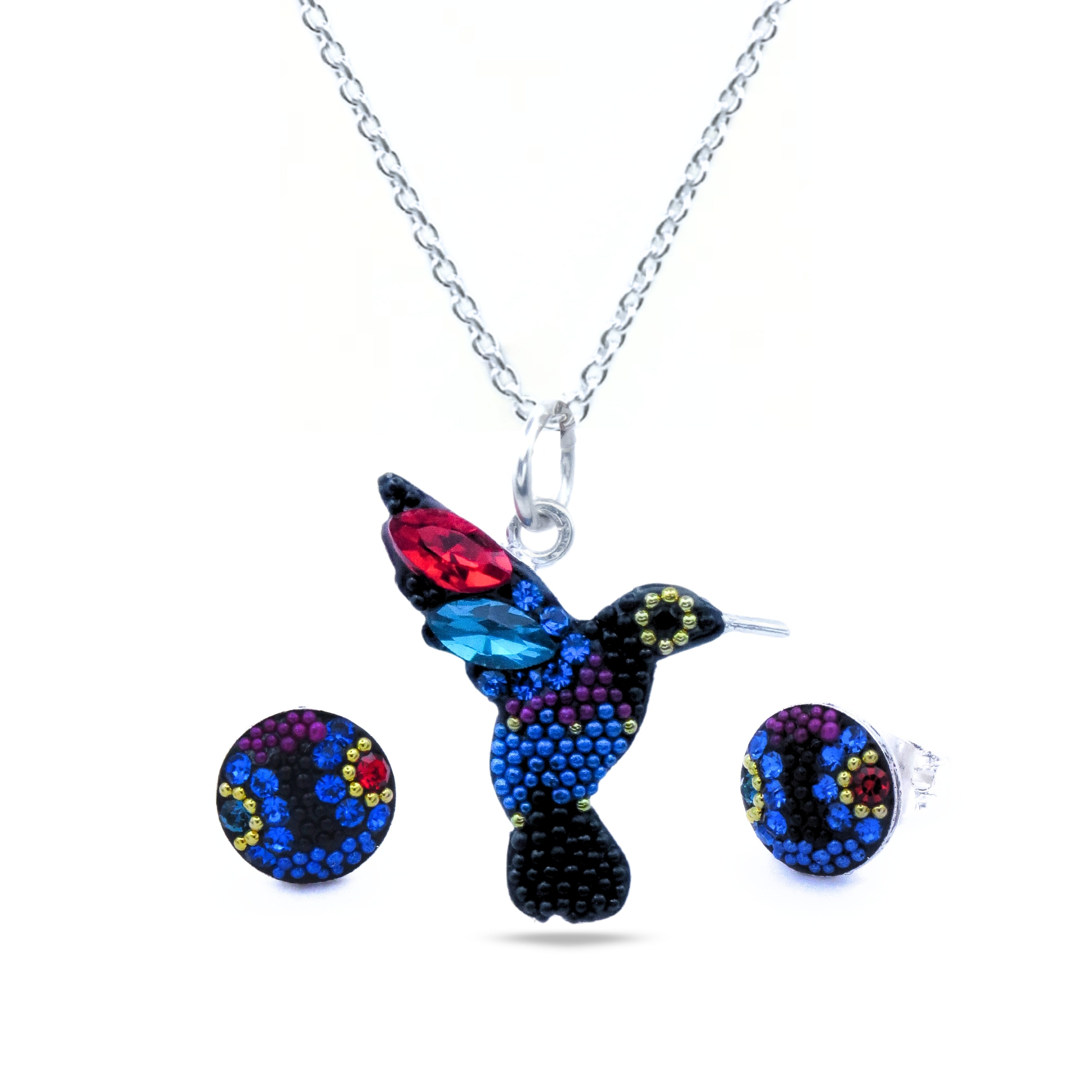 Dije y aretes Plata Primera Ley 0.925 Colibrí/Cristales