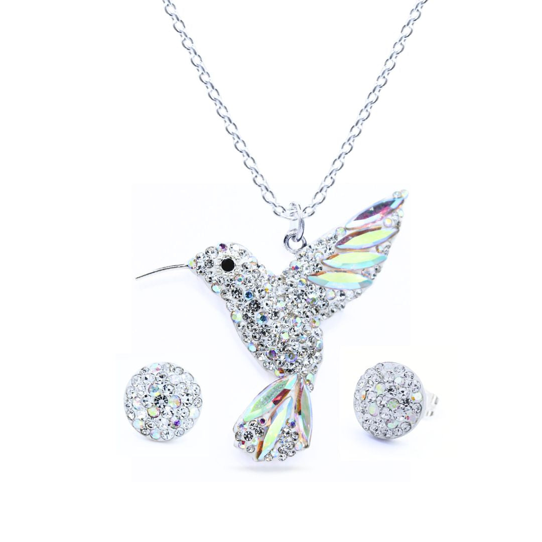 Dije y Aretes Plata Primera Ley 0.925 Colibrí/Cristales Fiusha/Amatista