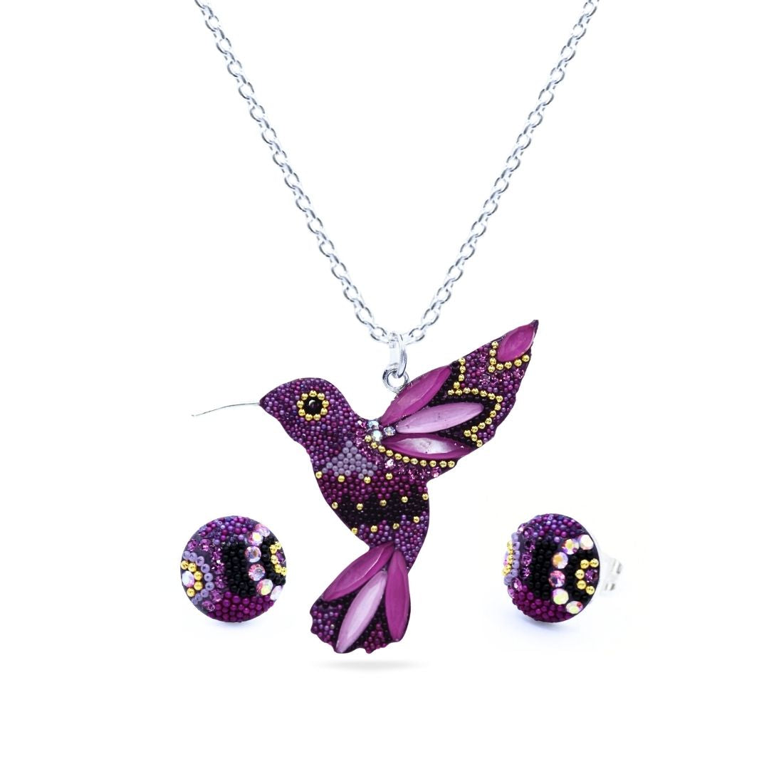 Dije y Aretes Plata Primera Ley 0.925 Colibrí/Cristales Fiusha/Amatista