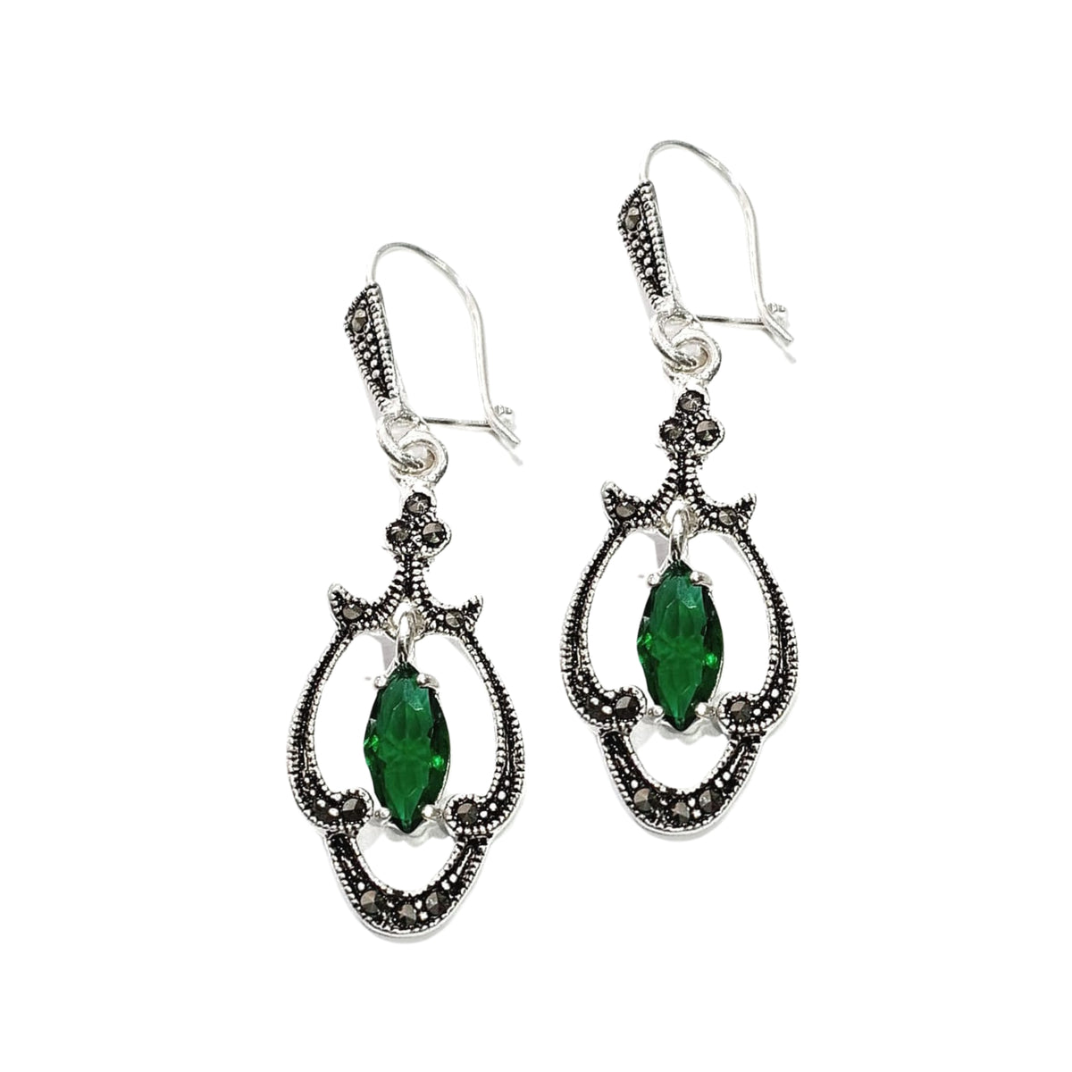 Aretes estilo candelabro Plata Primera Ley 0.925 Maeve Marquesita y Zirconia verde esmeralda