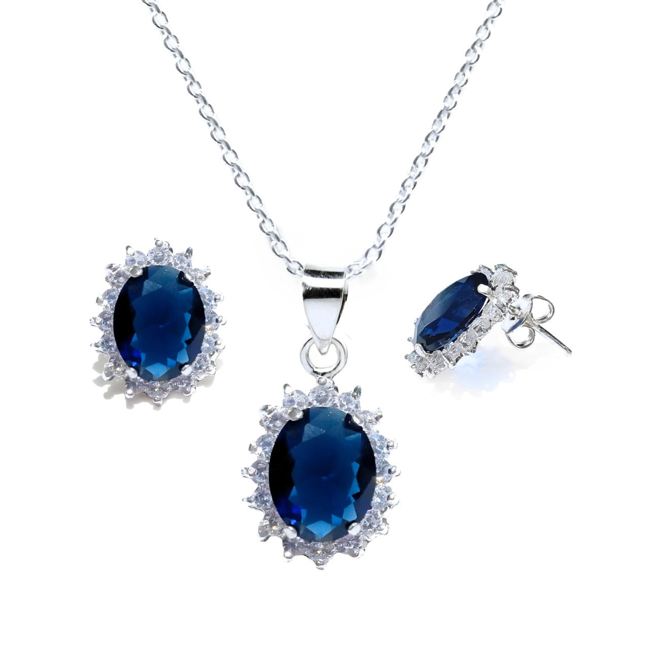 Aretes y Dije Plata Primera Ley 0.925 Lady Di Zirconia Azul Zafiro.