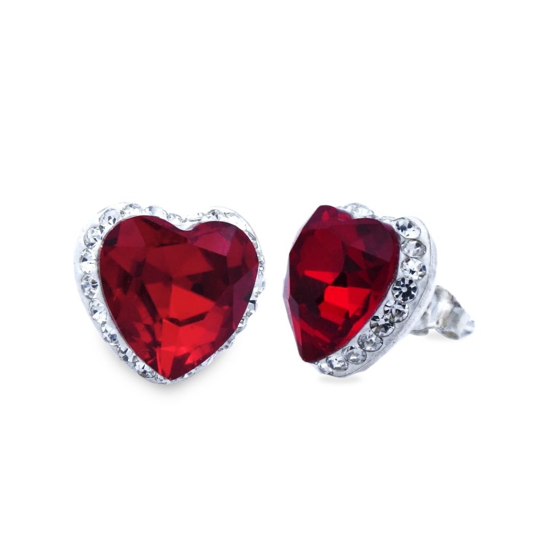 Broqueles Naia corazón Plata Primera Ley 925 con Cristal Swarovski rojo.