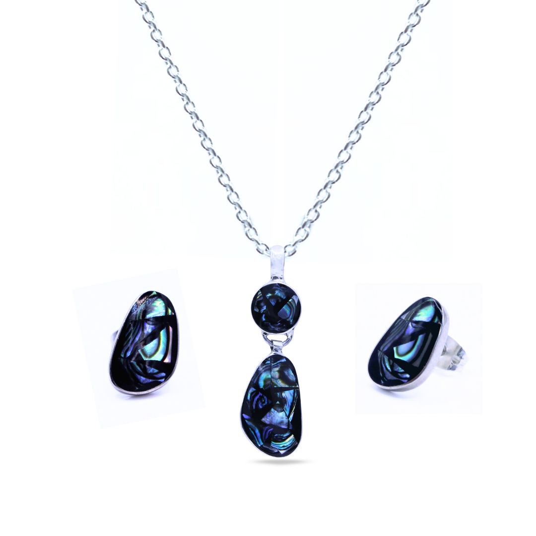 Dije y Aretes Plata Primera Ley 0.925 Tsuyu/Concha de abulón.