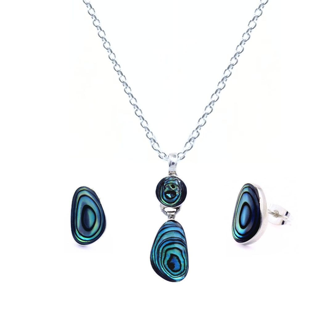 Dije y Aretes Plata Primera Ley 0.925 Tsuyu/Concha de abulón.