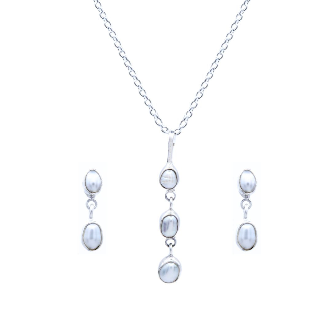 Aretes y Dije patrón gota Plata Primera Ley 0.925 Isabella/Perla incrustada