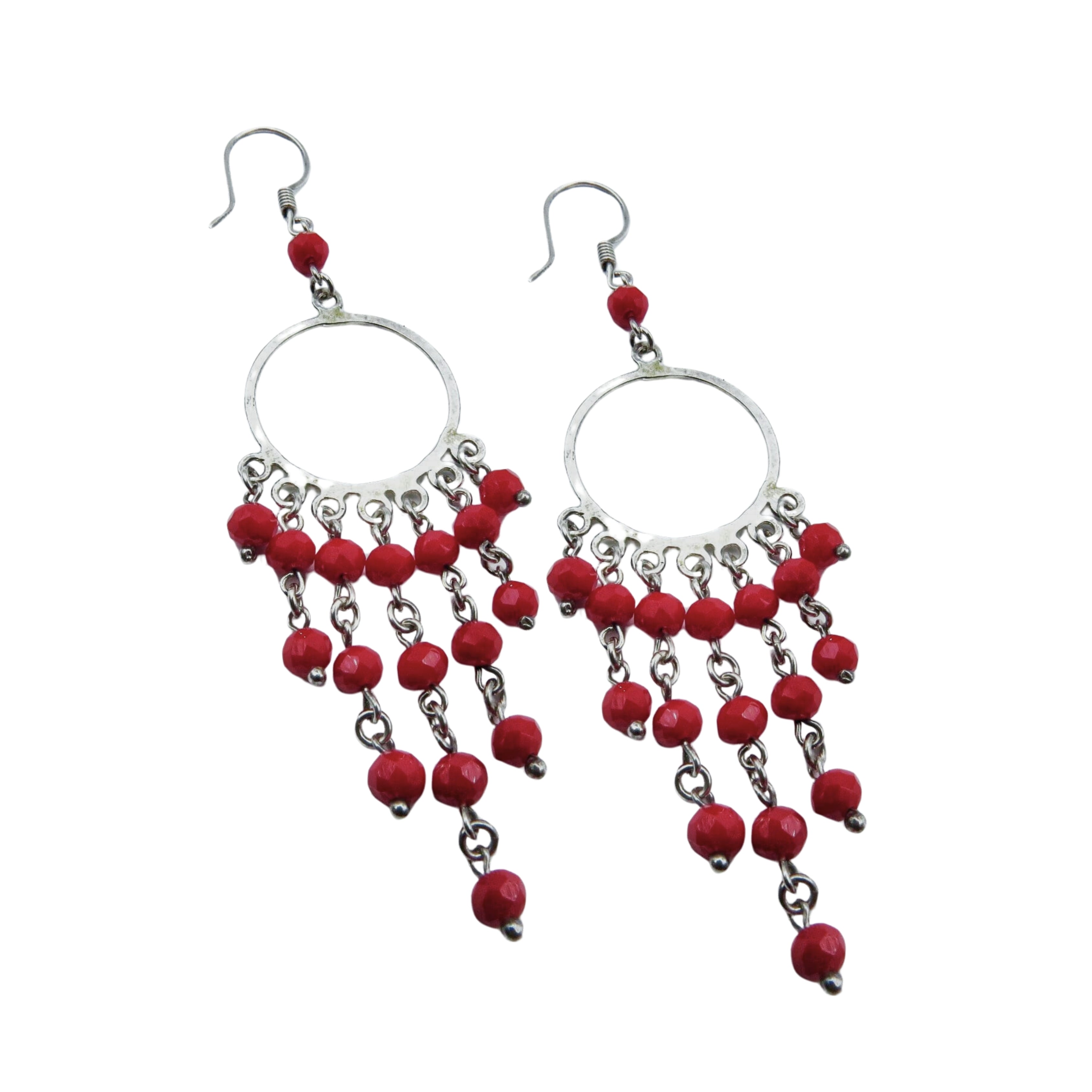Aretes estilo candelabro de ganchillo Velia, Plata Primera Ley 0.925 con Cristal rojo