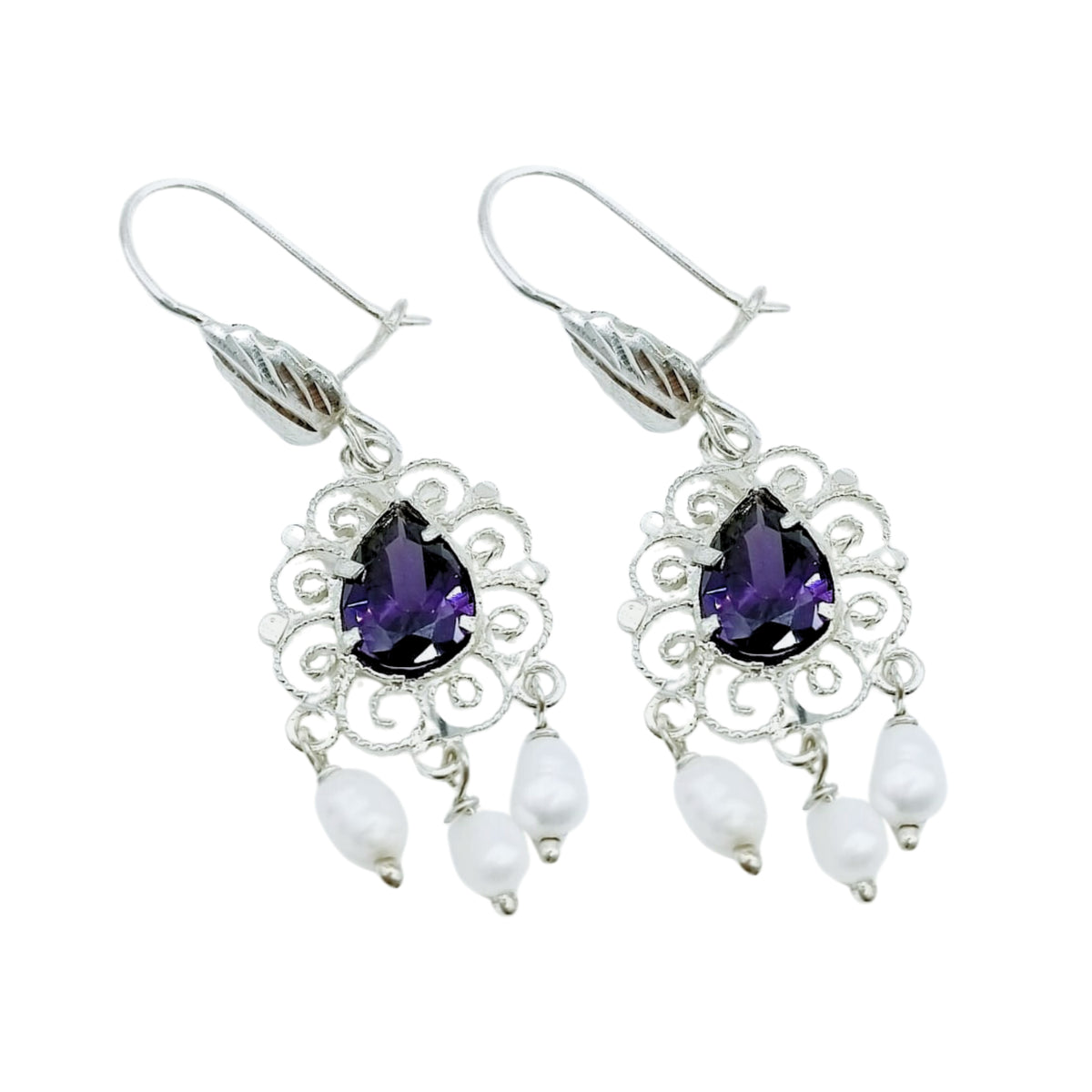 Aretes estilo candelabro, Perla en Plata Primera Ley 0.925 Lemma Filigrana, Cristal morado