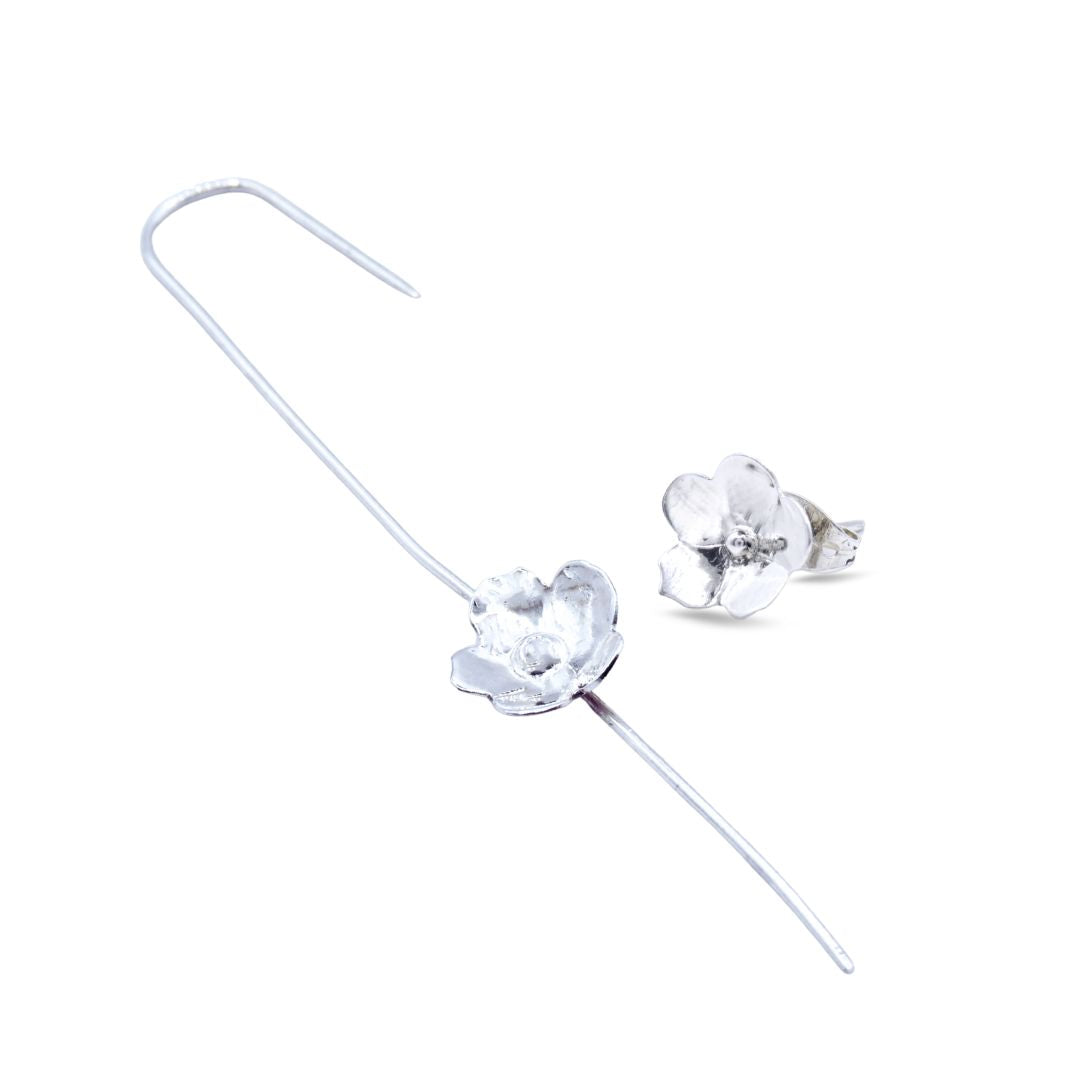 Arete trepador y broquel de flor Plata Primera Ley 0.925 Elysees