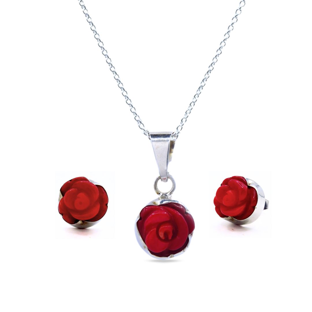 Dije y Aretes Plata Primera Ley 0.925 Bara Rosa/Coral.