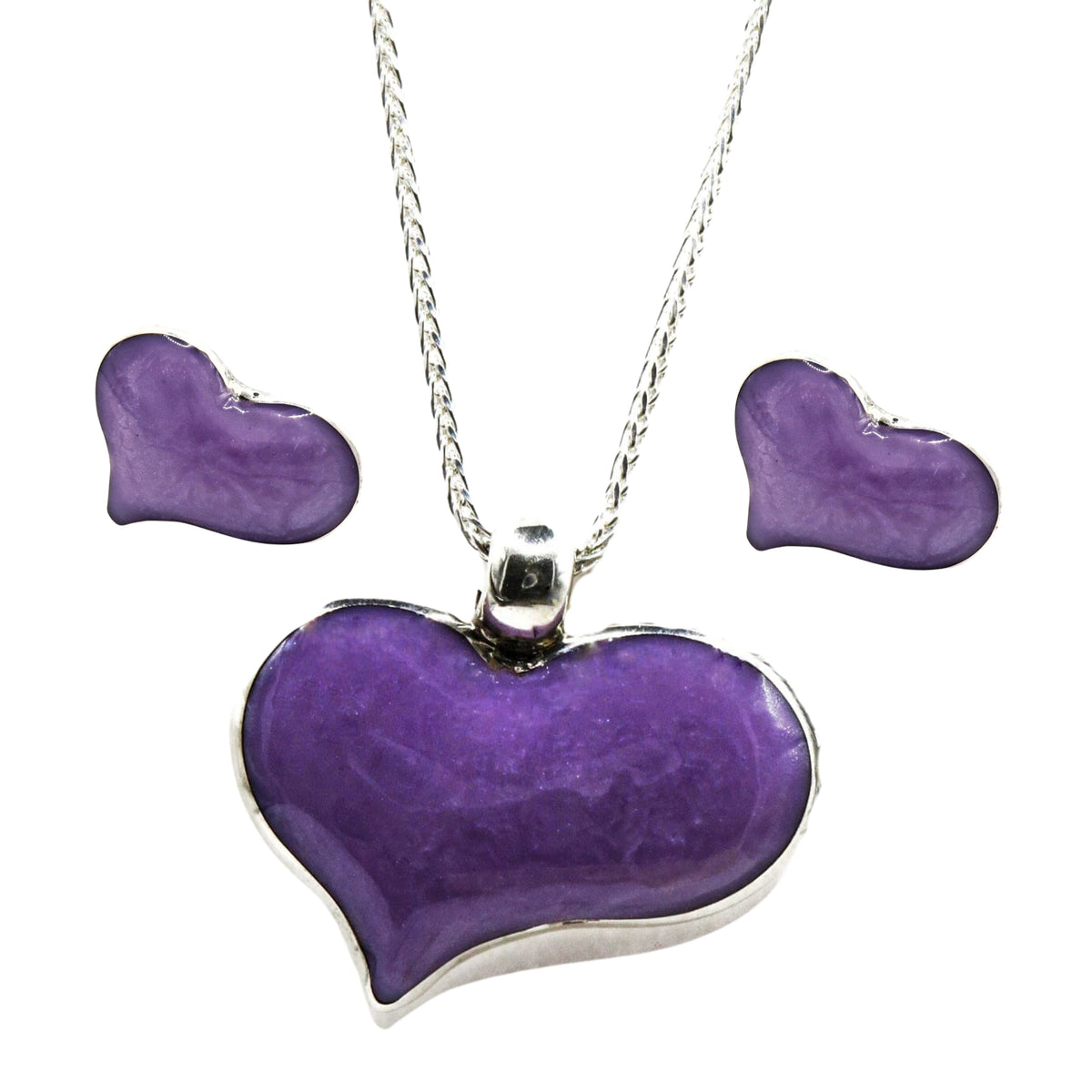 Aretes y Dije Plata Primera Ley 0.925 Corazón Morado I´Amour Resina