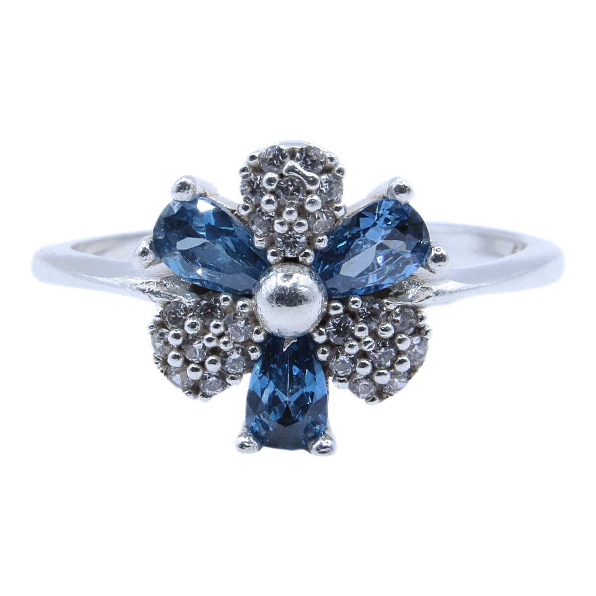 Anillo Plata Primera Ley 0.925 Eryngium flor de 6 pétalos Cristal