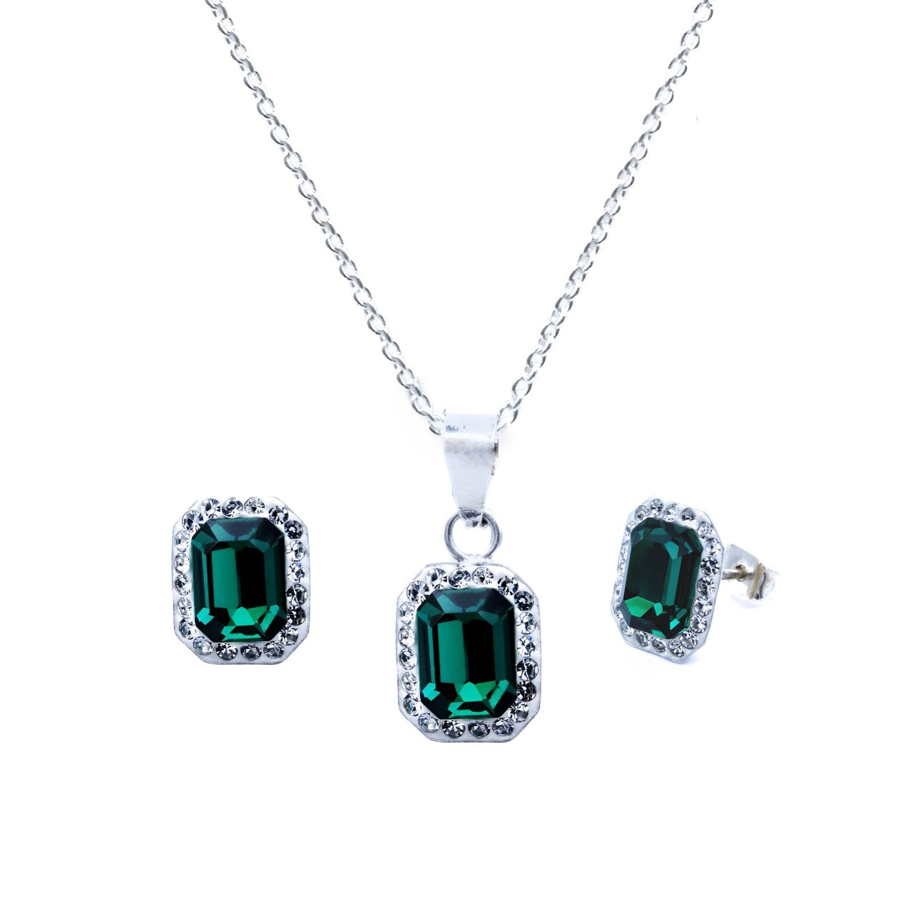 Dije y Aretes Izel Plata Primera Ley 0.925 con Swarovski Verde Esmeralda