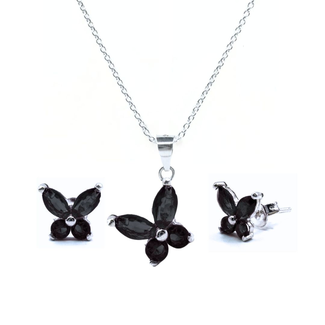 Aretes y Dije Plata Primera Ley 0.925 Hadassa Mariposa/ Zirconia negra.