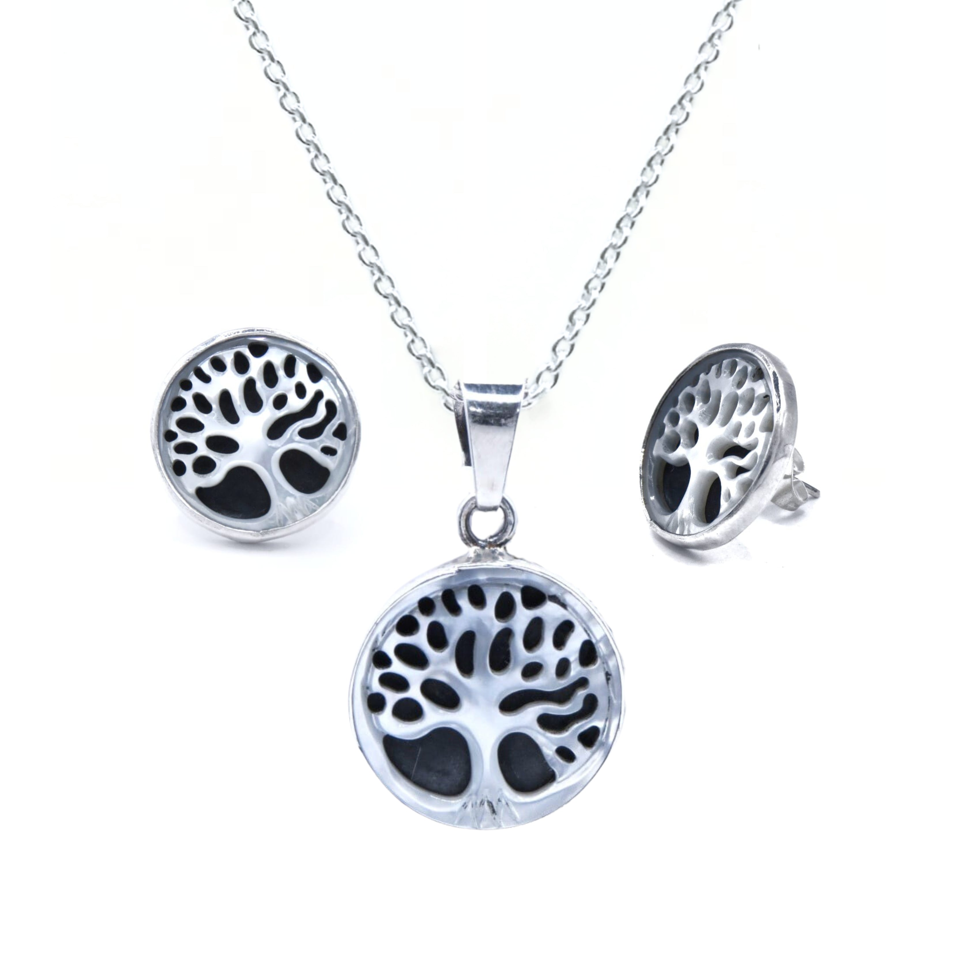 Aretes y Dije Plata Primera Ley 0.925 Eternidad Árbol de la vida/Concha