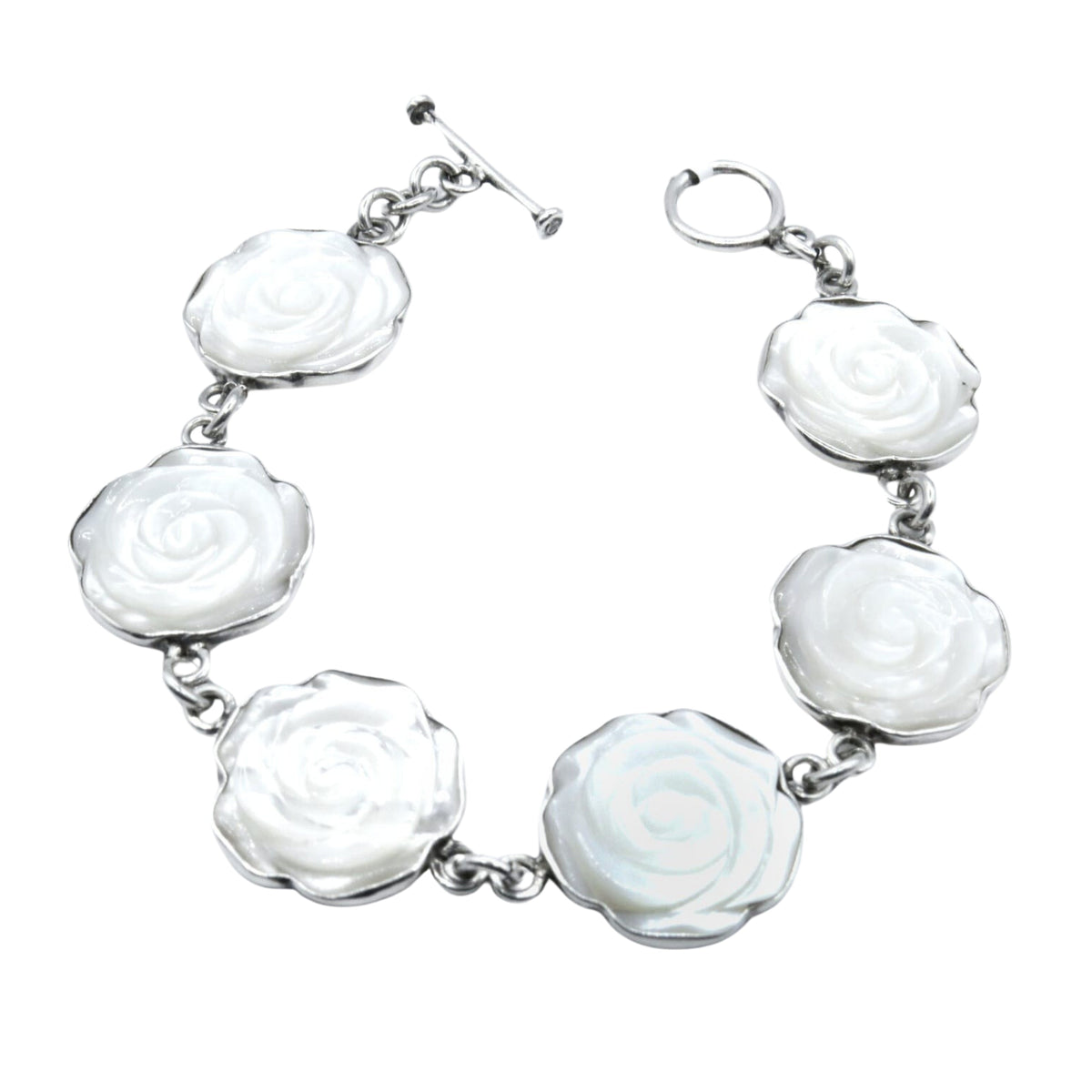 Pulsera de rosas blancas grandes con broche tipo palanca Plata Primera Ley 0.925 Bara Concha