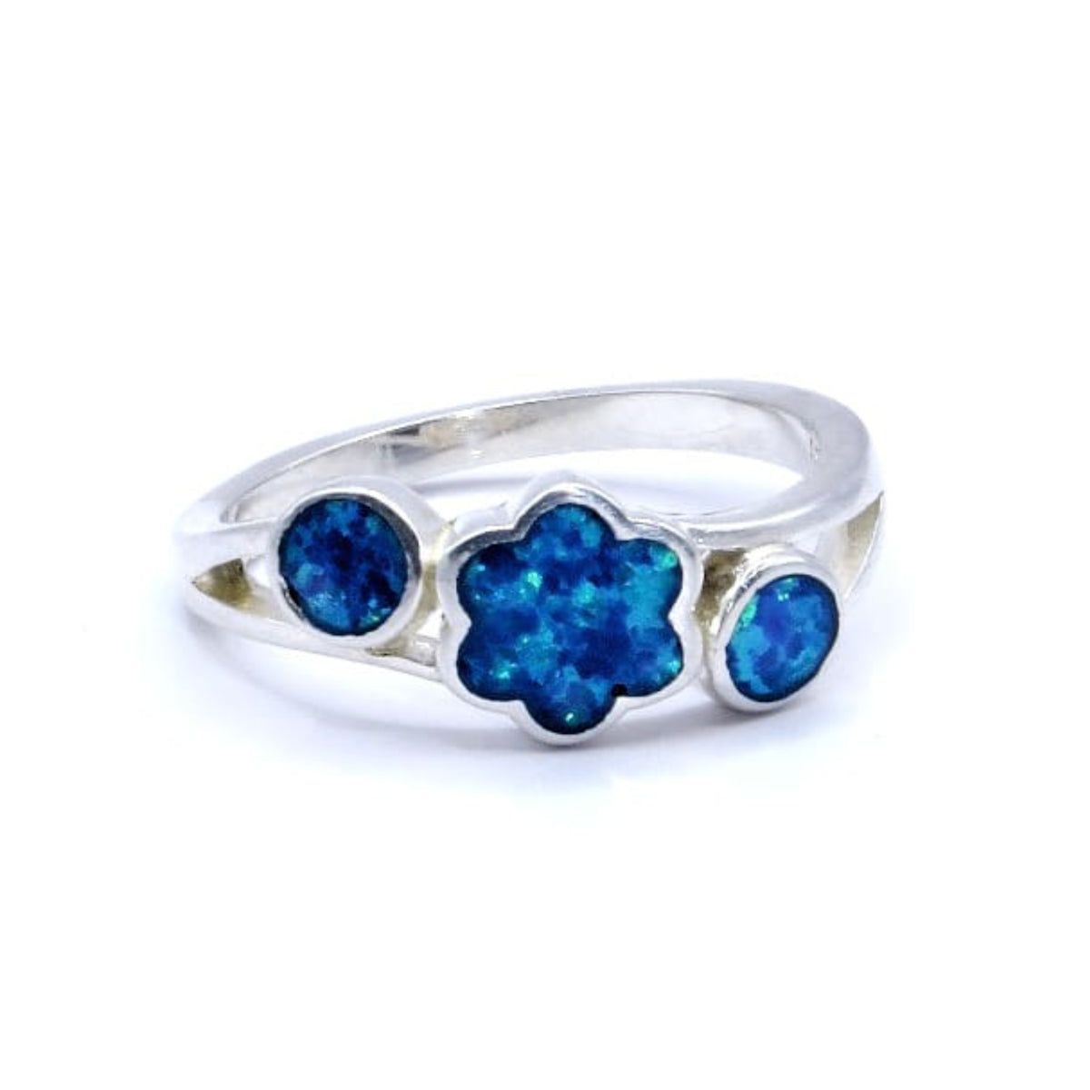 Anillo Plata Primera Ley 0.925 Horus flor Ópalo de Fuego azul.