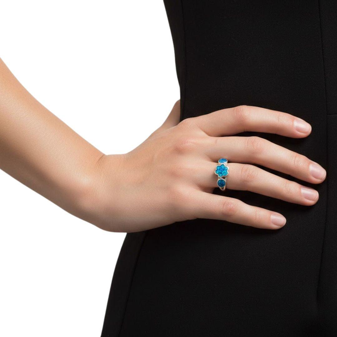 Anillo Horus - Talla 8 Plata Primera Ley 925 con Ópalo de Fuego azul.