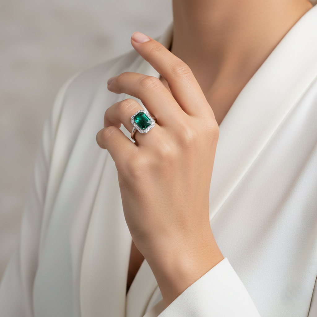 Anillo Izel Ajustable Plata Primera Ley 925 con Cristal Swarovski Verde Esmeralda