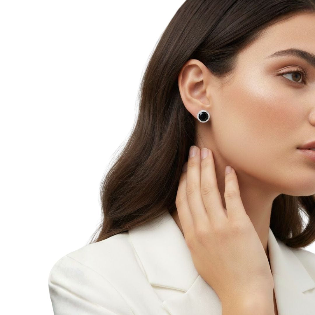 Broqueles Rivoli Plata Primera Ley 925 con Cristal Negro.