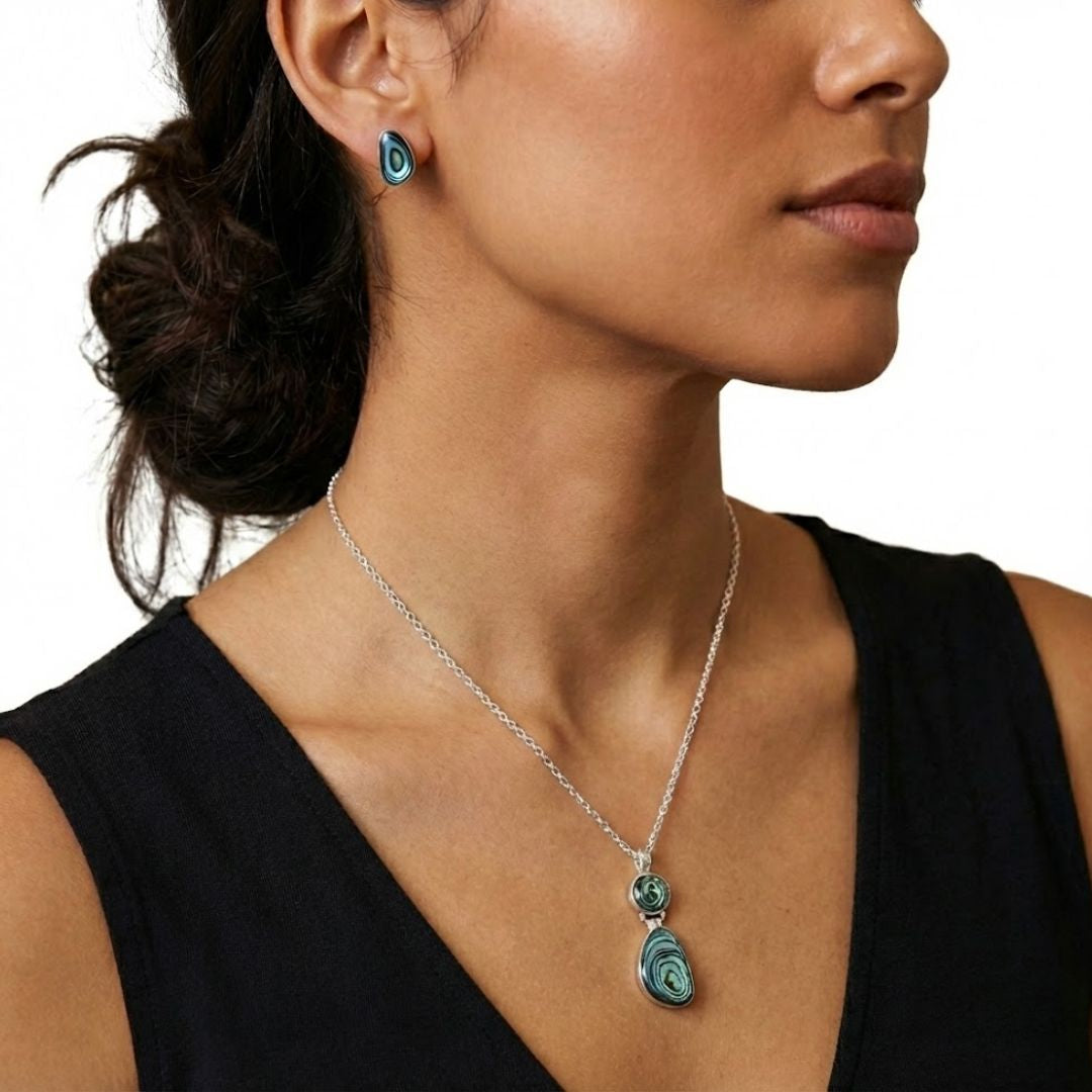 Aretes y Dije Tsuyu Plata Primera Ley 925 con Concha de abulón.